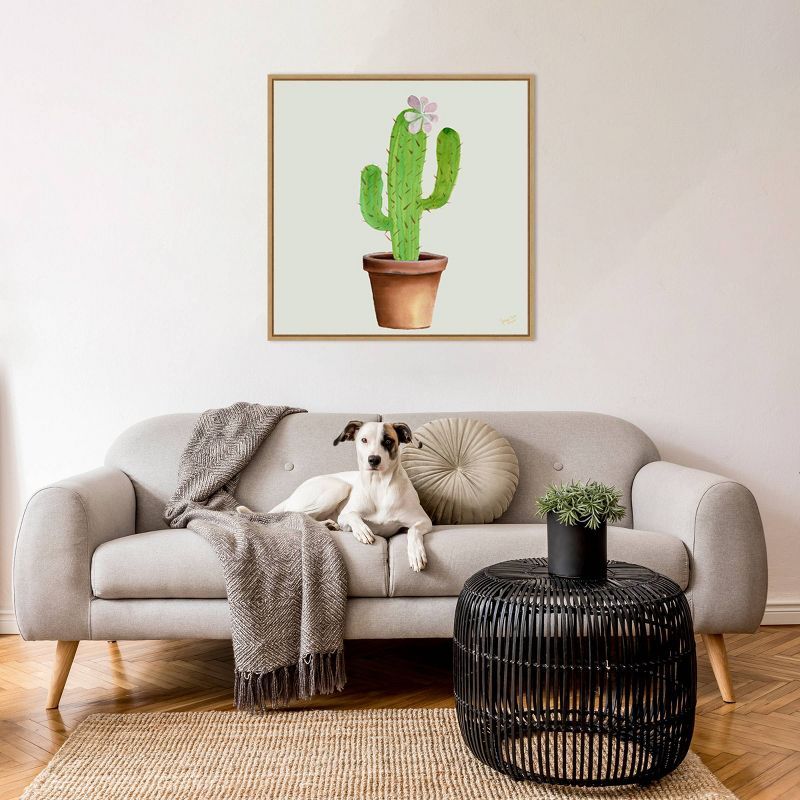 Succulent Symphony I Green Cactus Canvas Wall Art with Maple Frame