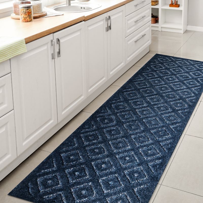 Navy Geometric Washable Indoor/Outdoor Runner Rug