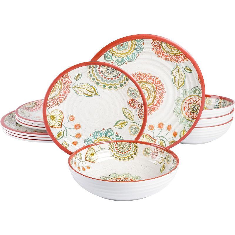 Brick Red Floral Melamine Dinnerware Set, Service for 4