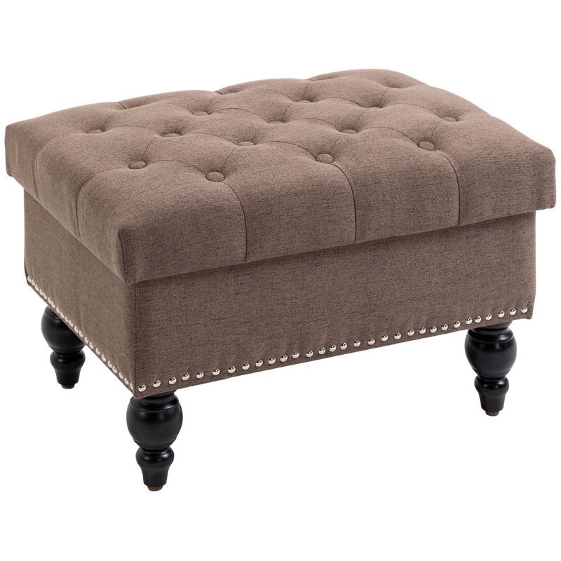 Taupe Tufted Fabric Ottoman with Turned Wood Legs