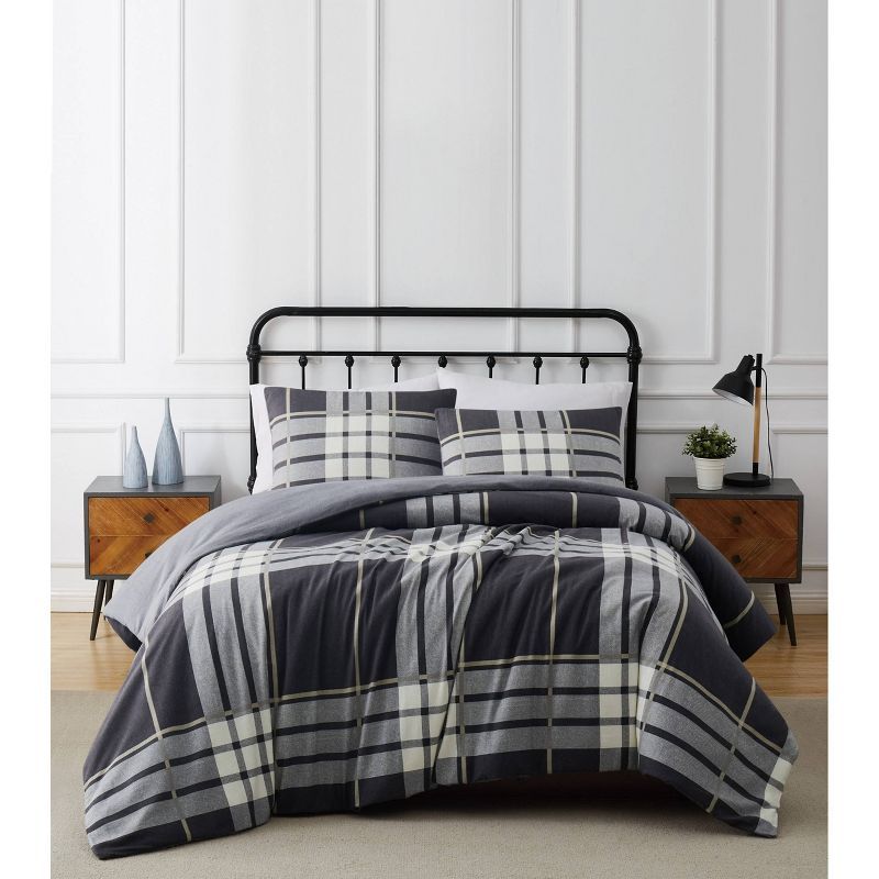 Gray Plaid Full/Queen Cotton Flannel Duvet Cover Set