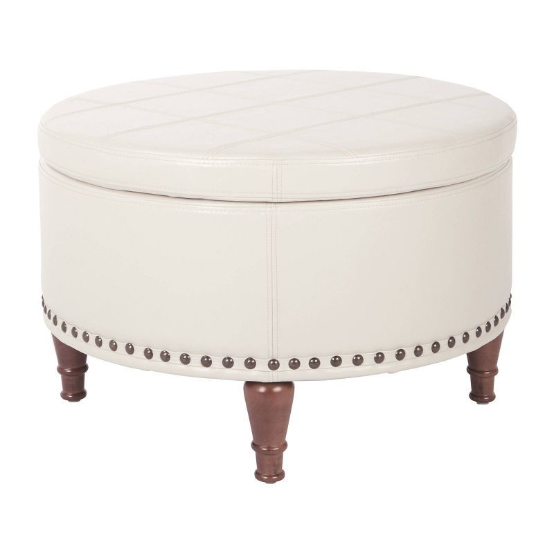 Alloway Cream Faux Leather Round Storage Ottoman with Antique Bronze Nailheads