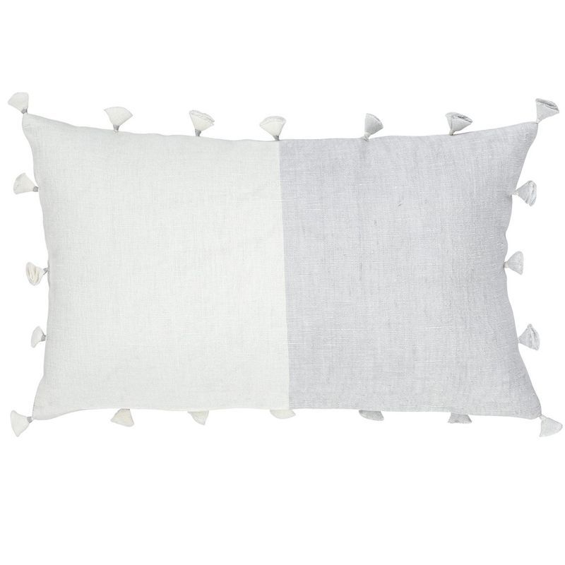 Light Grey and White Linen Tassel Throw Pillow with Down Insert