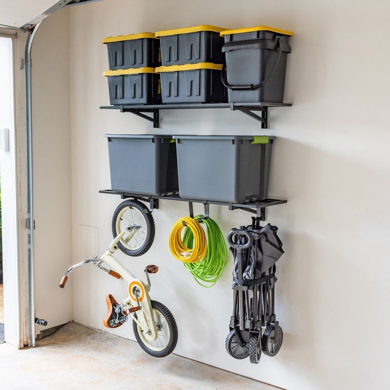 Heavy-Duty Black Steel Garage Wall Mounted Shelves with Hooks, 2-Pack