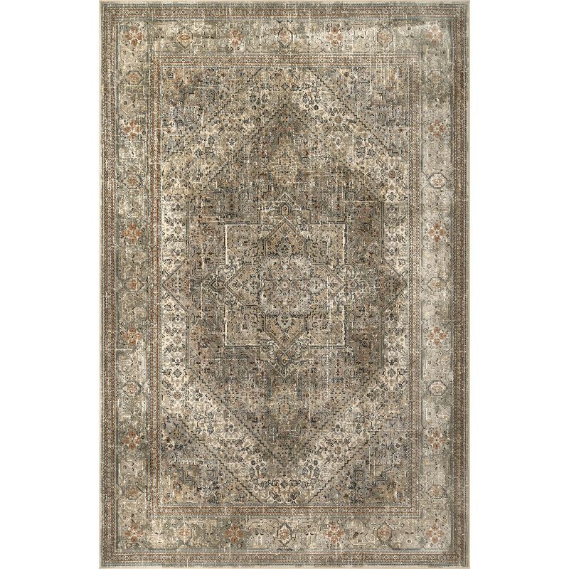 Beige Rectangular Synthetic Non-slip Medallion Area Rug