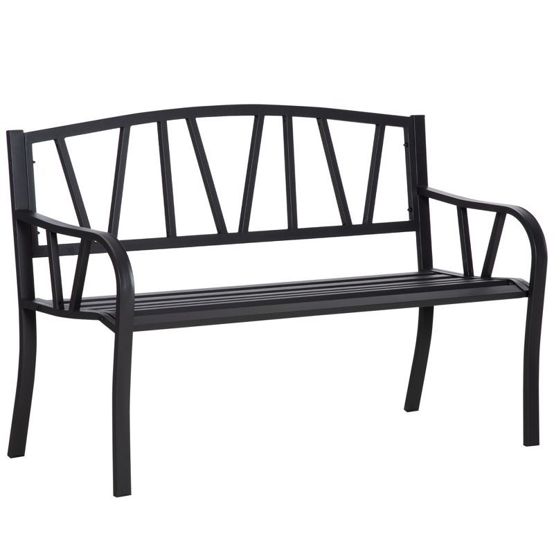 Black Powder-Coated Metal Garden Bench with Armrests and Backrest