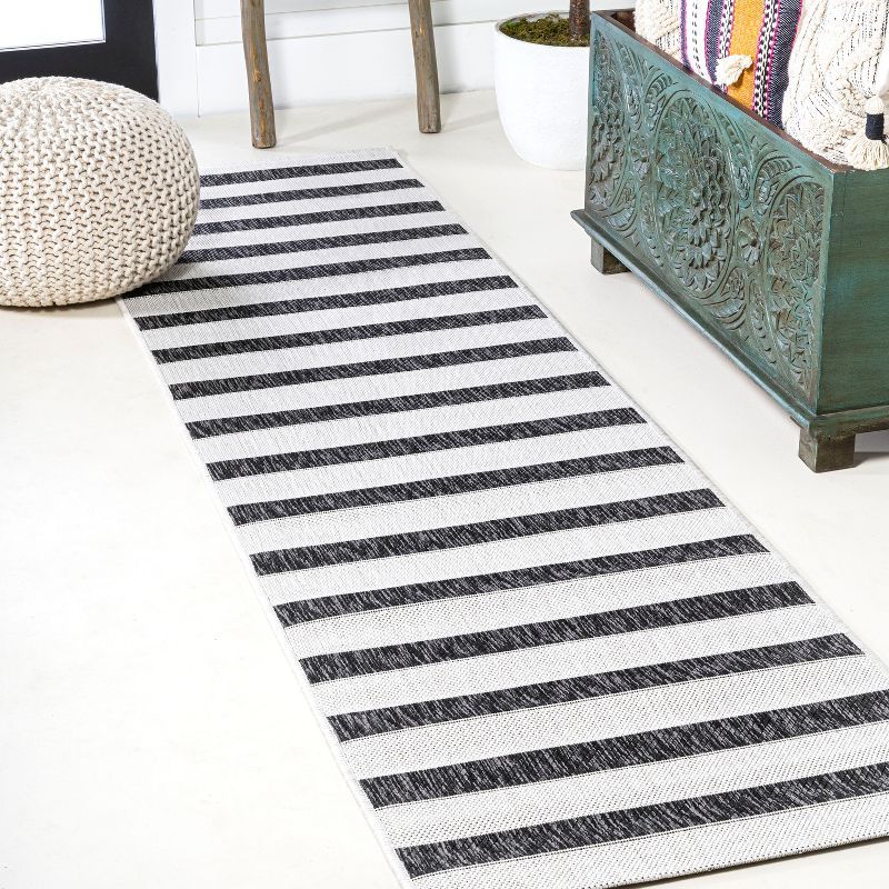 Aveiro Reversible Black/Cream Stripe Synthetic 2x8 Runner Rug