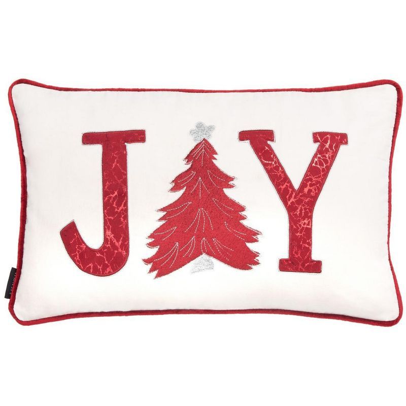 Cream and Red Embroidered Cotton Rectangular Throw Pillow