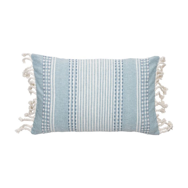 Blue Hand Woven Cotton Throw Pillow with Tassels