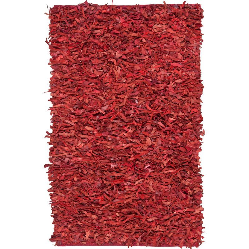 Red Hand-Knotted Leather Shag Rug with Cotton Backing, 3' x 5'