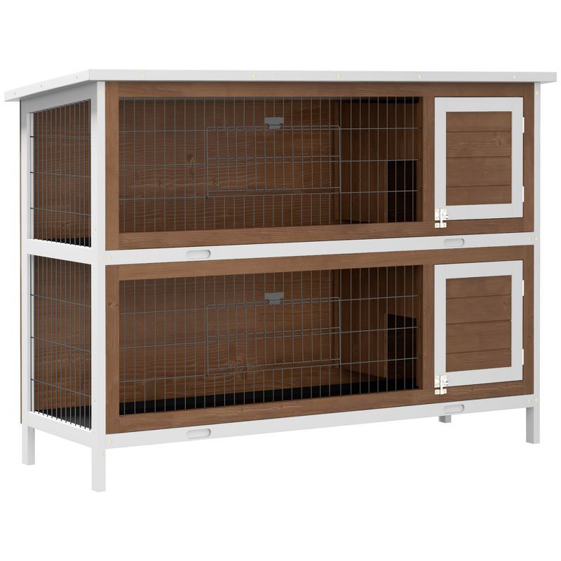 Brown and White Wooden 2-Story Guinea Pig Hutch with Lockable Doors