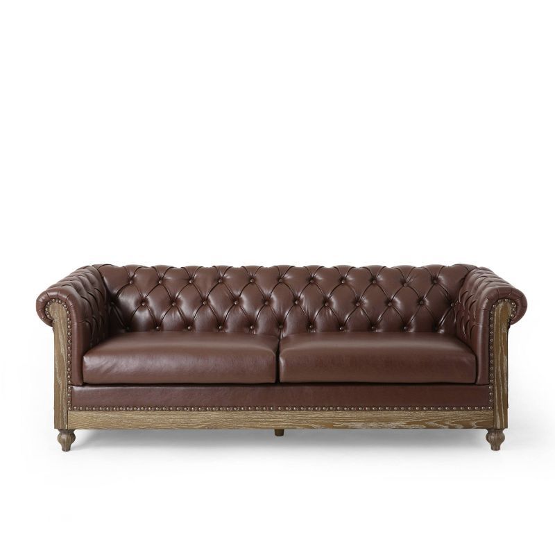 Castalia Chesterfield Dark Brown Faux Leather Sofa with Nailhead Trim