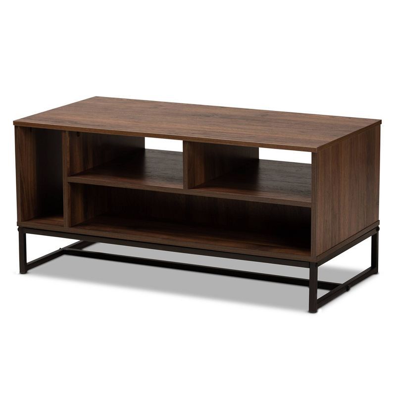 Walnut Brown Wood and Black Metal Rectangular Coffee Table