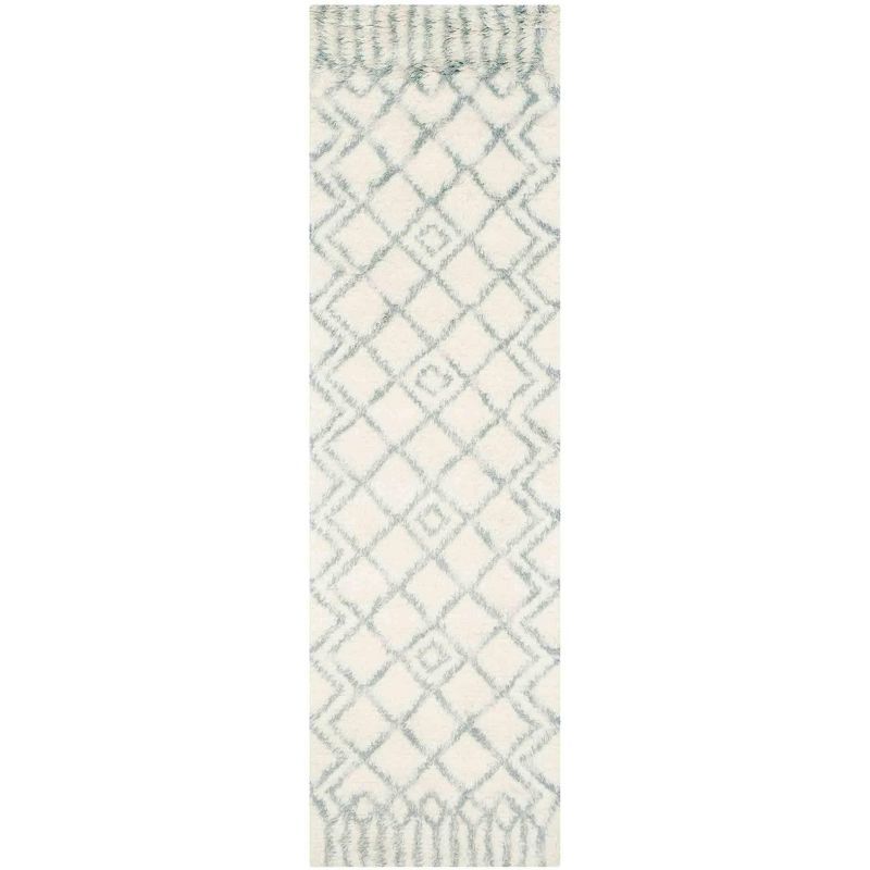 Ivory and Blue Hand-Tufted Wool Shag Runner Rug