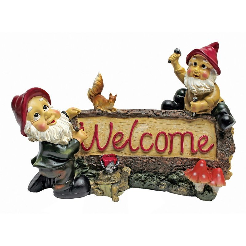 Garden Gnomes Welcome Sign Statue with Red Hats