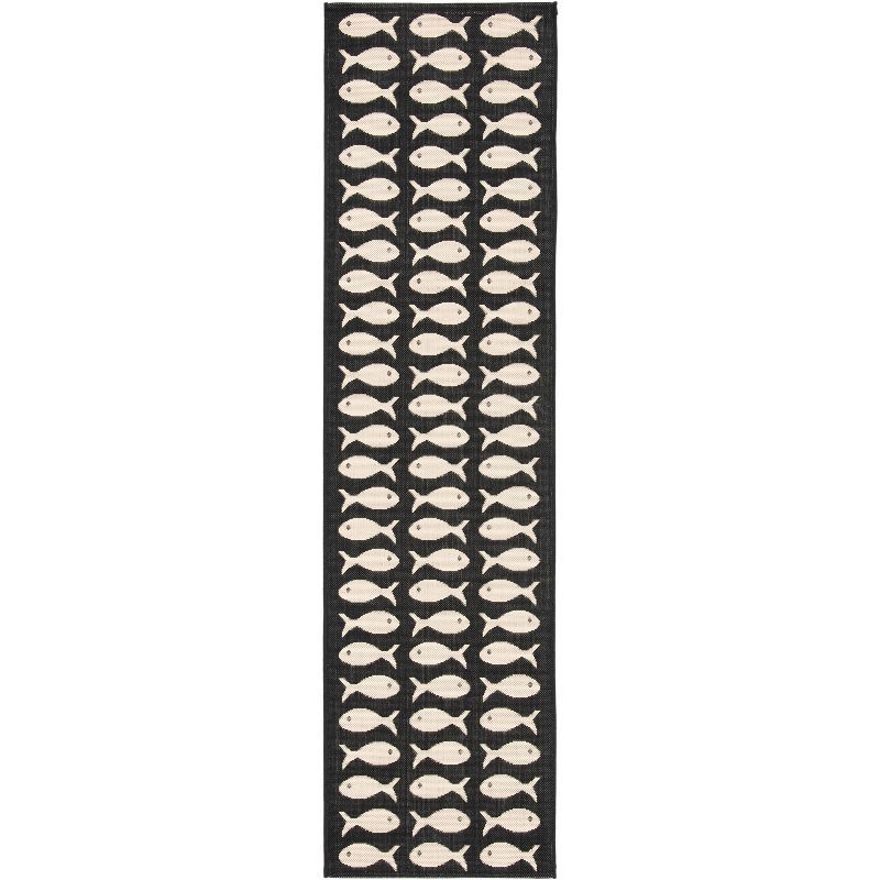 Black and Beige Fish Pattern Synthetic Runner Rug