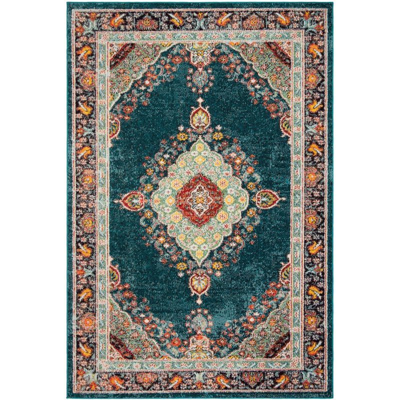 Navy and Turquoise Distressed Synthetic Area Rug, 5'3" x 7'6"