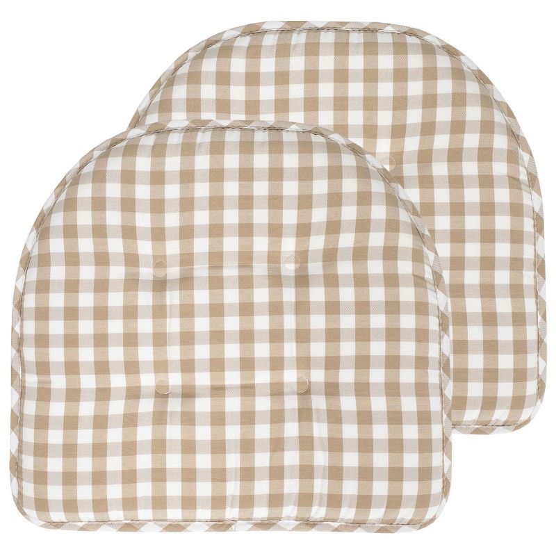 Taupe and White Checkered Memory Foam U-Shaped Chair Cushions, 2-Pack