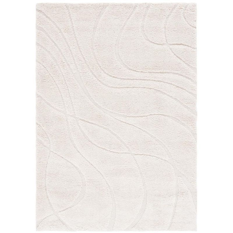 Cream Synthetic Shag Area Rug with Sculpted Design