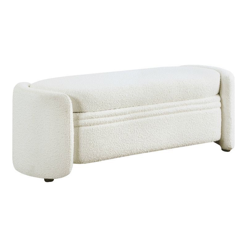 White Boucle Upholstered Storage Bench with Wood Frame