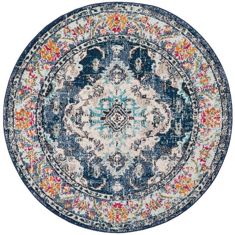 Round Light Blue Floral Synthetic Area Rug