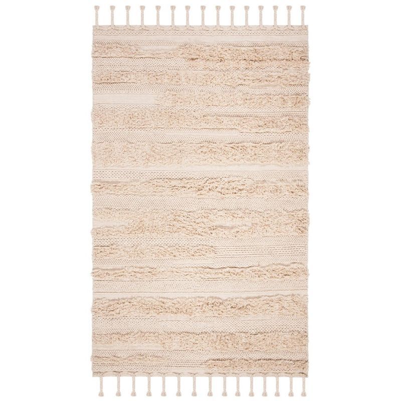 Handmade Beige Wool Striped High Pile Area Rug with Fringe