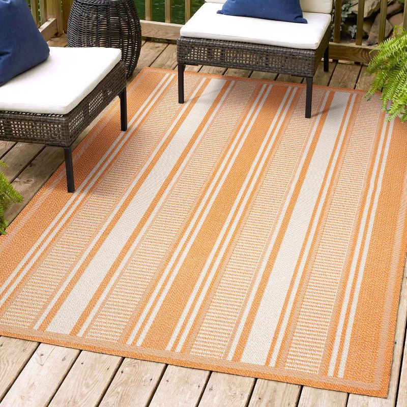 Modern Stripe-on-Stripe Orange and Cream 4' x 6' Synthetic Area Rug