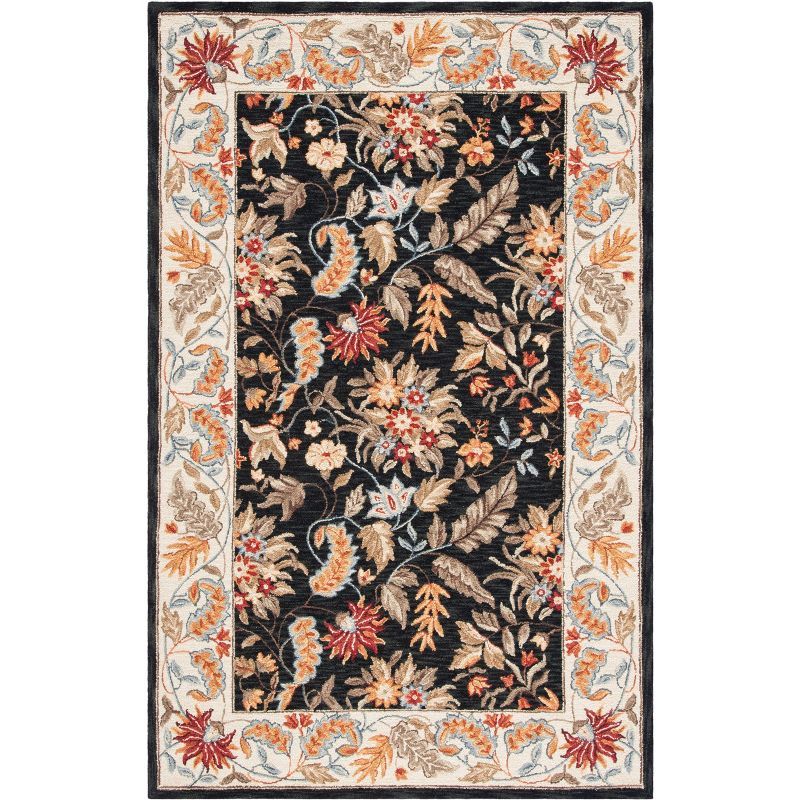 Black Floral Hand-Hooked Wool Area Rug with Ivory Border