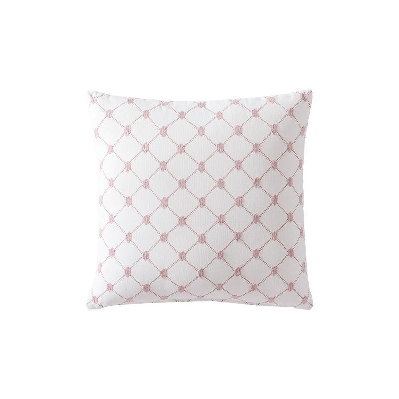 Pink and White Embroidered Cotton Square Throw Pillow