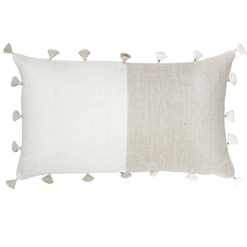 Natural Beige and White Linen Lumbar Pillow with Tassels