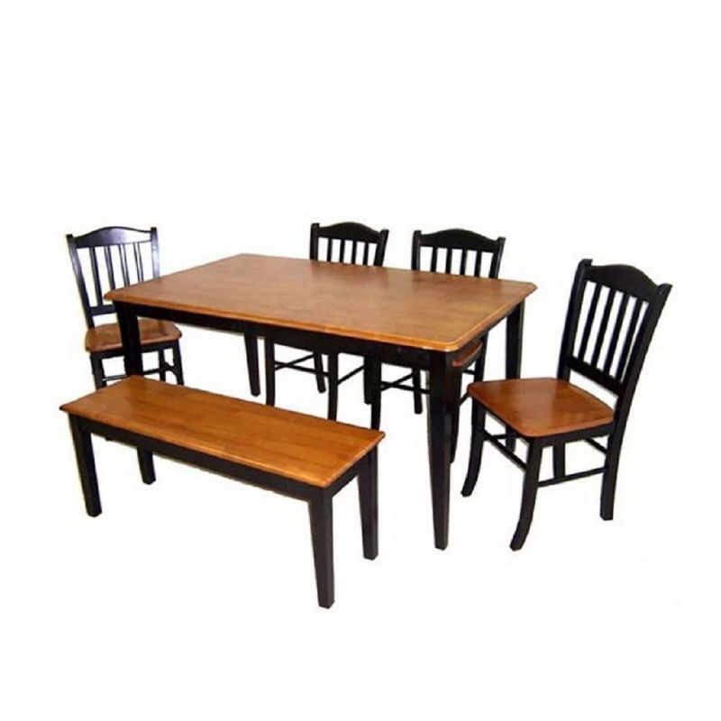Black and Oak Solid Wood 6-Piece Dining Set with Bench