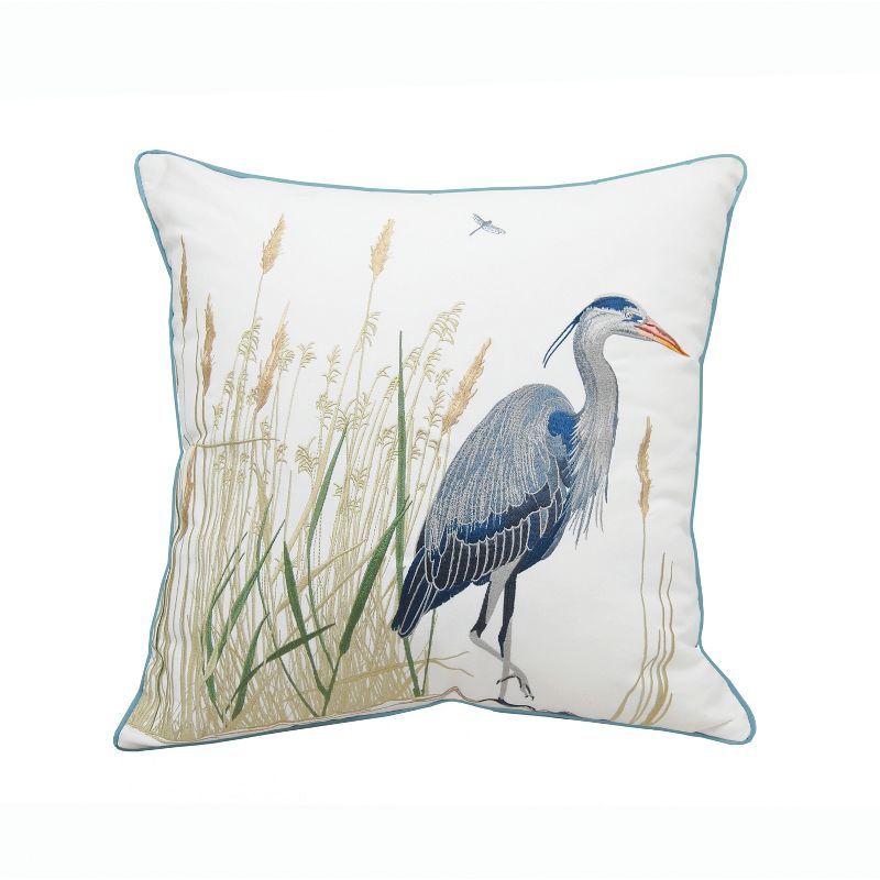 Blue Heron Embroidered Coastal Outdoor Square Pillow