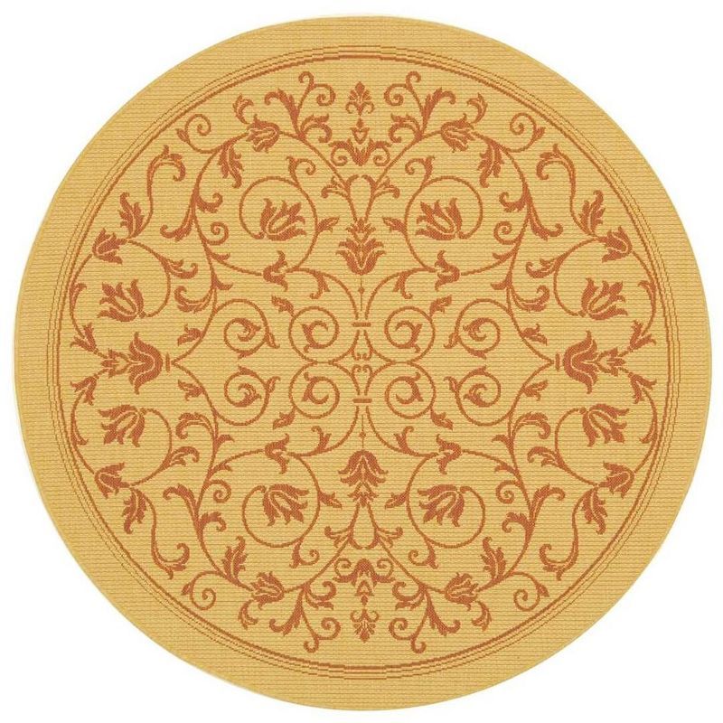 Beige and Tan Round Floral Synthetic Indoor/Outdoor Rug