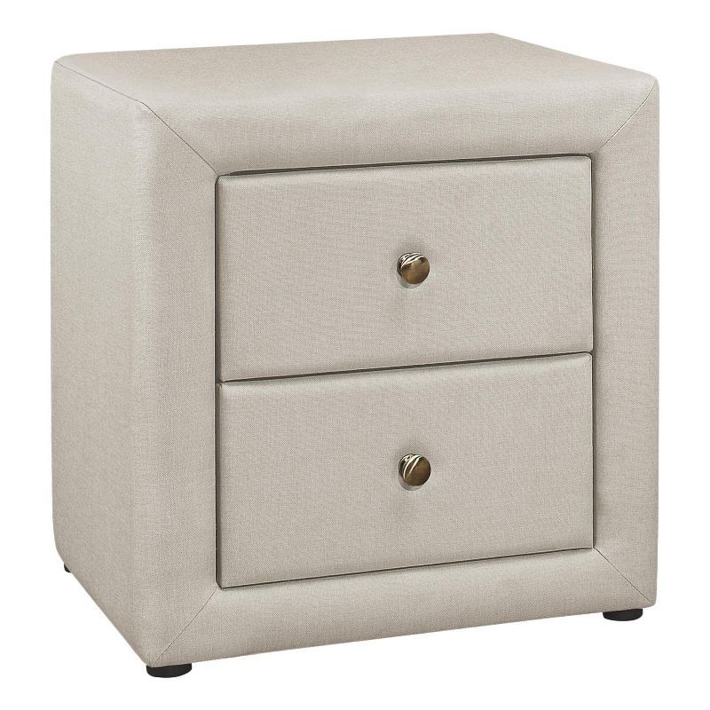 Beige Linen Upholstered 2-Drawer Nightstand with Brass Knobs