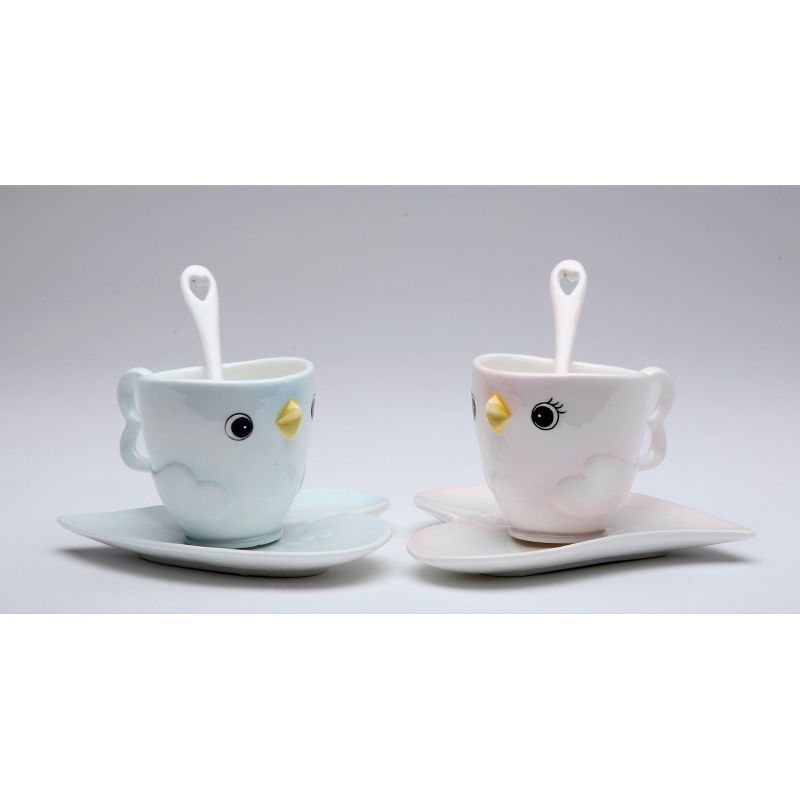 Whimsical Bird Ceramic Cup and Saucer Set with Spoon