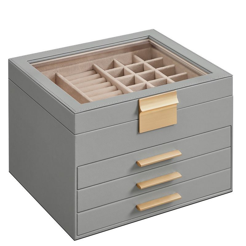 Gray and Gold 4-Layer Jewelry Box with Glass Lid