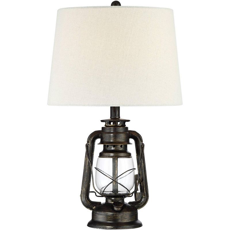 Weathered Bronze Industrial Lantern Table Lamp with Oatmeal Shade