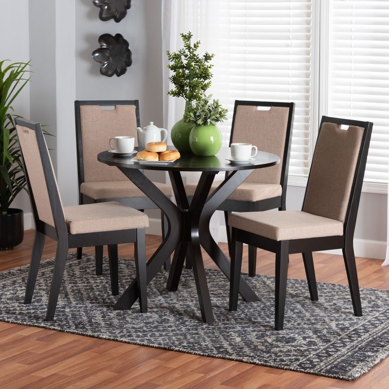 Sand Fabric and Dark Brown Wood 5-Piece Round Dining Set