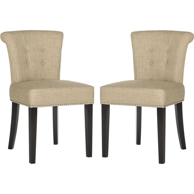 Beige Upholstered Parsons Side Chair with Wood Legs