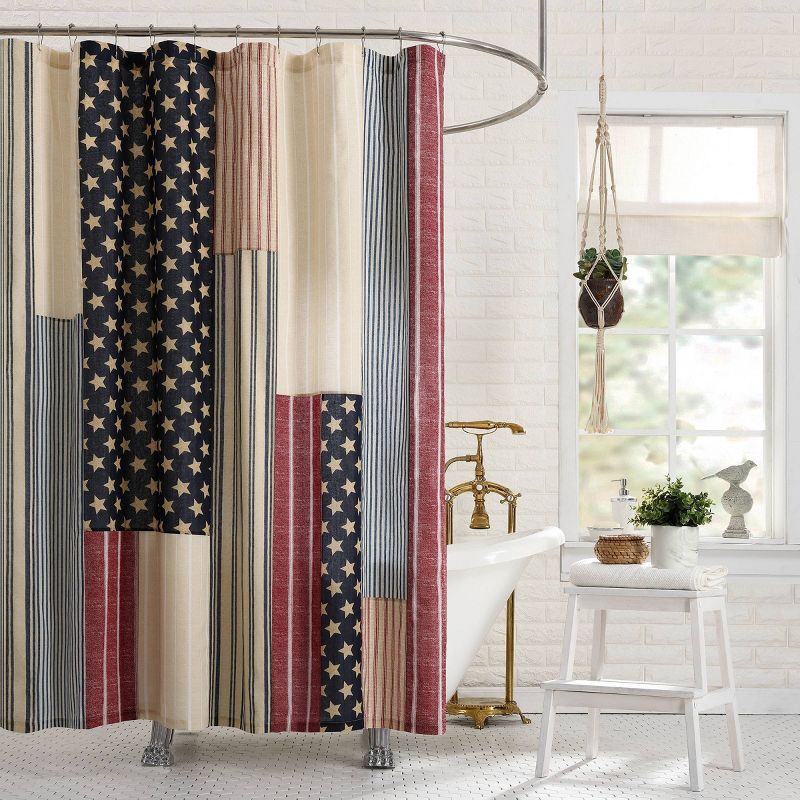 Americana Patchwork Cotton Shower Curtain with Stars and Stripes