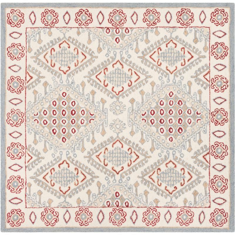 Ivory and Red Hand-Tufted Wool Square Area Rug