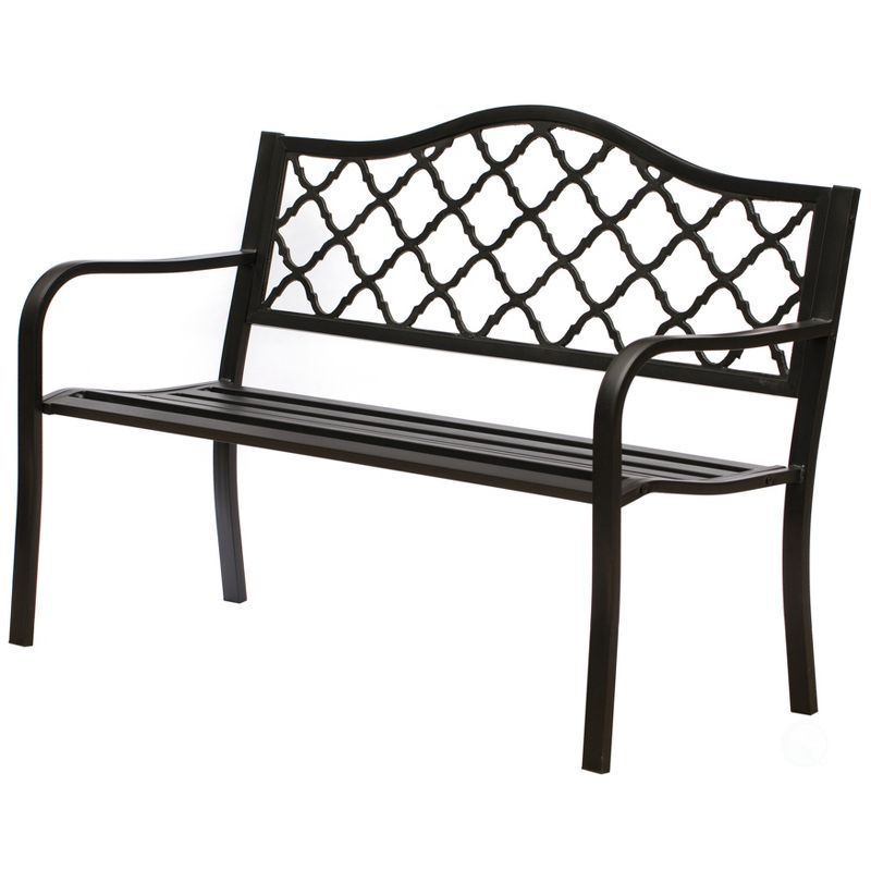 Black Steel and Cast Iron Outdoor Patio Bench