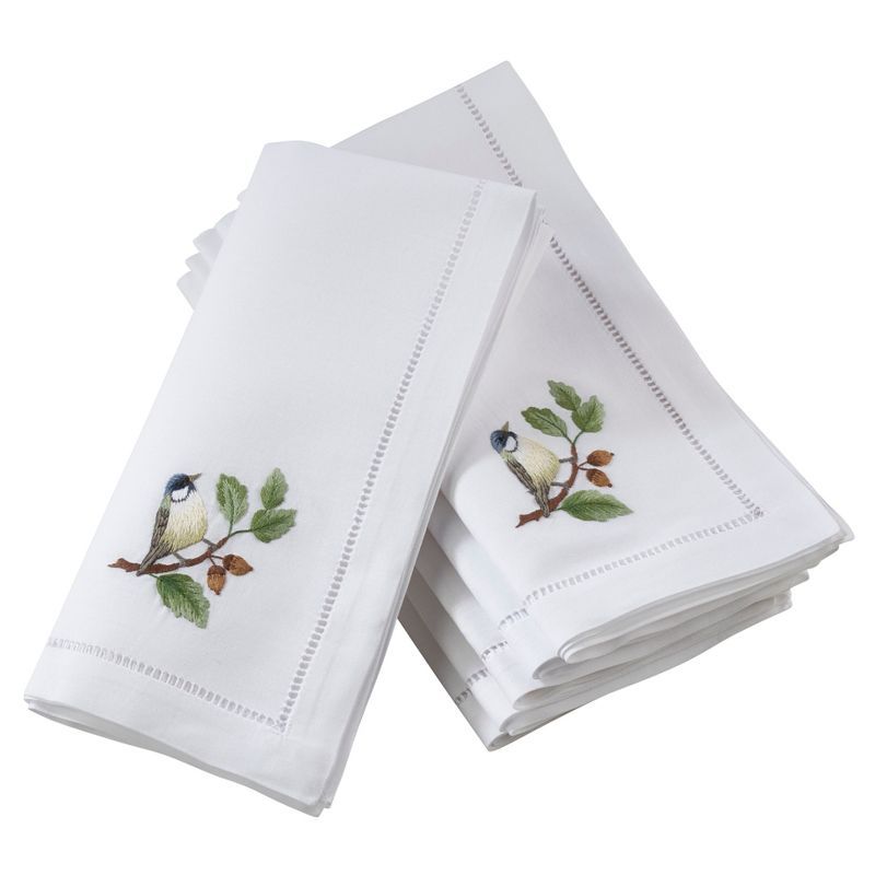 White Cotton Napkins with Bluebird Embroidery and Hemstitch Border, Set of 6