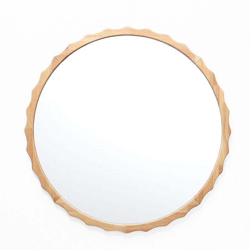 31.5-Inch Round Natural Rubberwood Scalloped Frame Wall Mirror