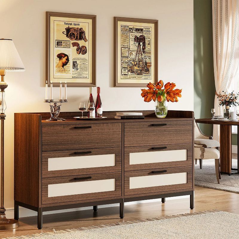 Mid-Century Modern Brown Double Dresser with Six Drawers