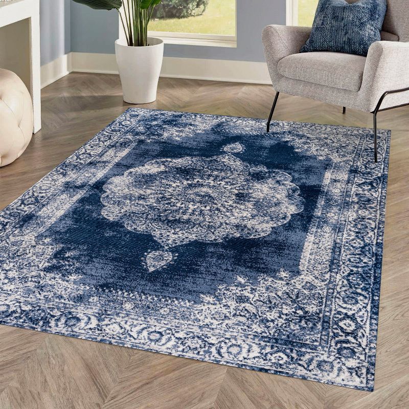 Navy and Ivory Rectangular Synthetic Medallion Area Rug