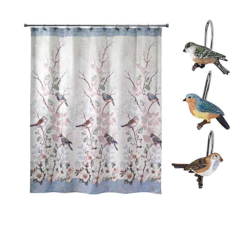 Ivory and Blue Bird Print Fabric Shower Curtain Set