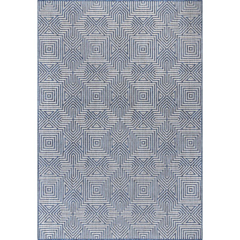 Reversible Abstract Blue Synthetic 4' x 6' Indoor/Outdoor Rug