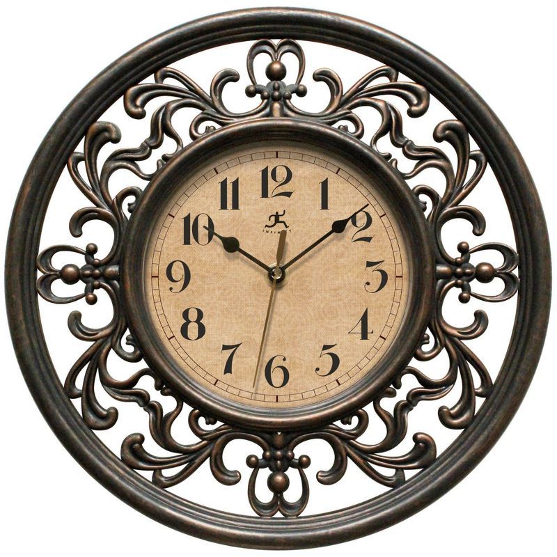 Sofia 12'' Brown Antique Scrollwork Wall Clock with Glass Cover