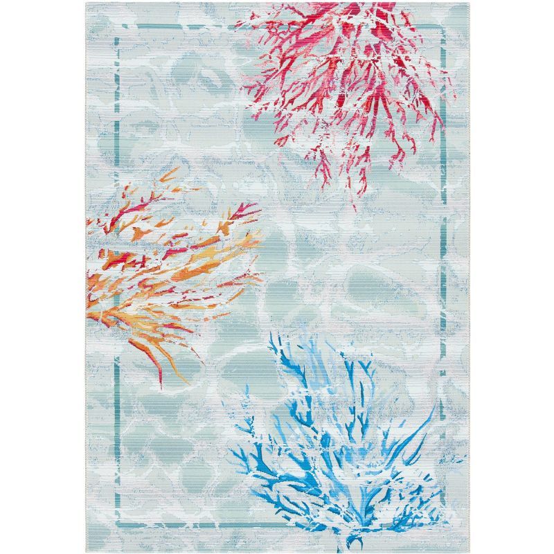 Teal and White Tropical Coral Design Synthetic 4' x 6' Area Rug